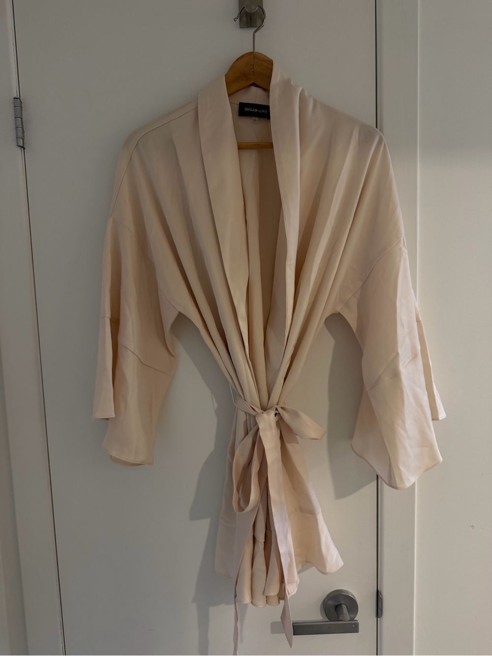 Sugarlips Pale Cream Satin Kimono Robe with Tie